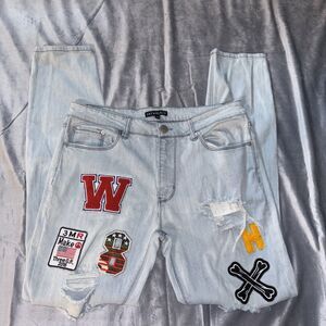 Jaywalker Distressed Jeans With Graphic Patches Light Wash Size 32